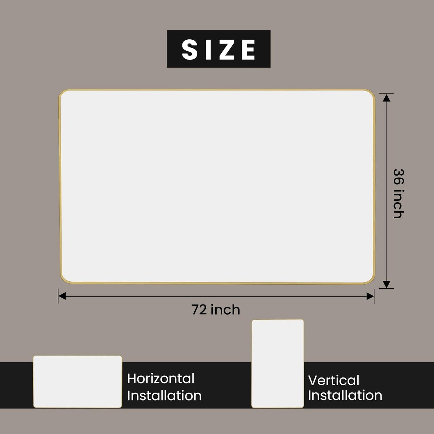 Gold Bathroom Mirror, 72x36 Inch Brushed Gold Metal Frame Mirror for Wall, Rounded Rectangle Bathroom Vanity Mirror, Tempered Glass, Anti-Rust, Horizontal/Vertical