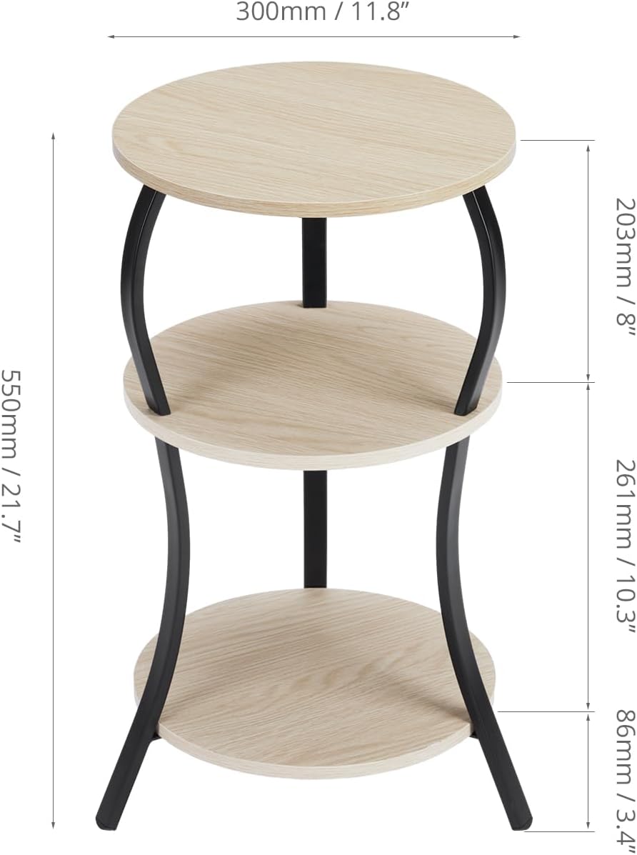 Vintage Small Round Side Table, 3-Tier Slim Waist Circular End Table with Storage Shelf, Compact Tea Sofa Side Table, Round Corner Coffee Table Nightstand for Living Room Bedroom Small Spaces,Oak