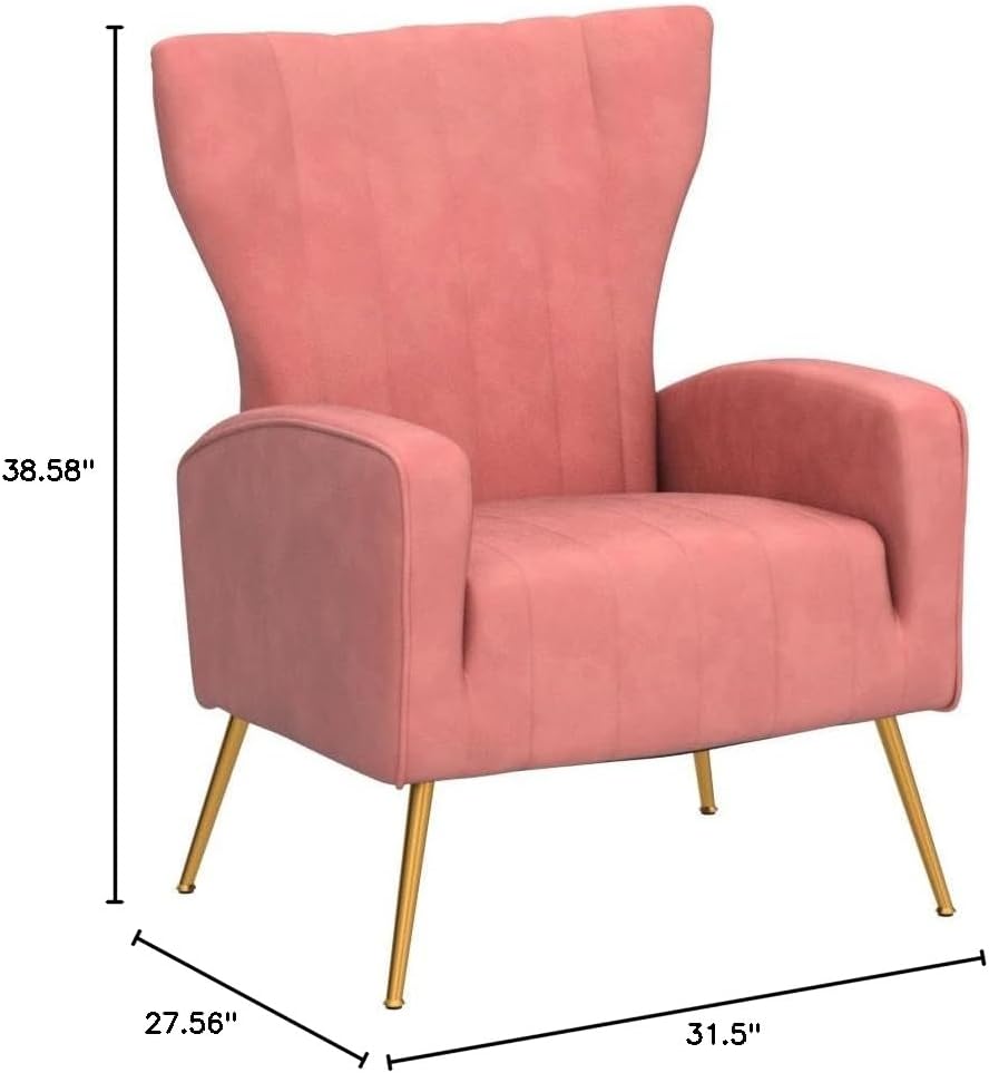 Container Furniture Direct Modern Velvet Accent Chair, Channel Tufted Bedroom, Office or Living Room Furniture with Elegant Metal Legs, 26" Wide Armchair, Rose