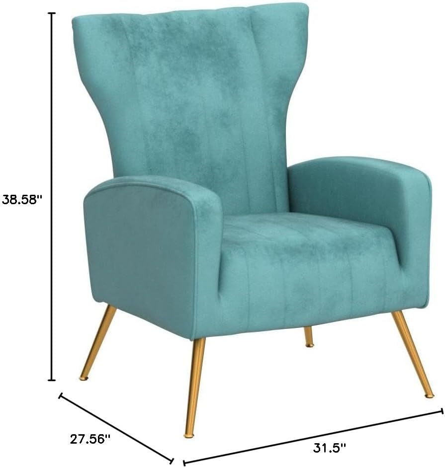 Container Furniture Direct Modern Velvet Accent Chair, Channel Tufted Bedroom, Office or Living Room Furniture with Elegant Metal Legs, 26" Wide Armchair, Teal