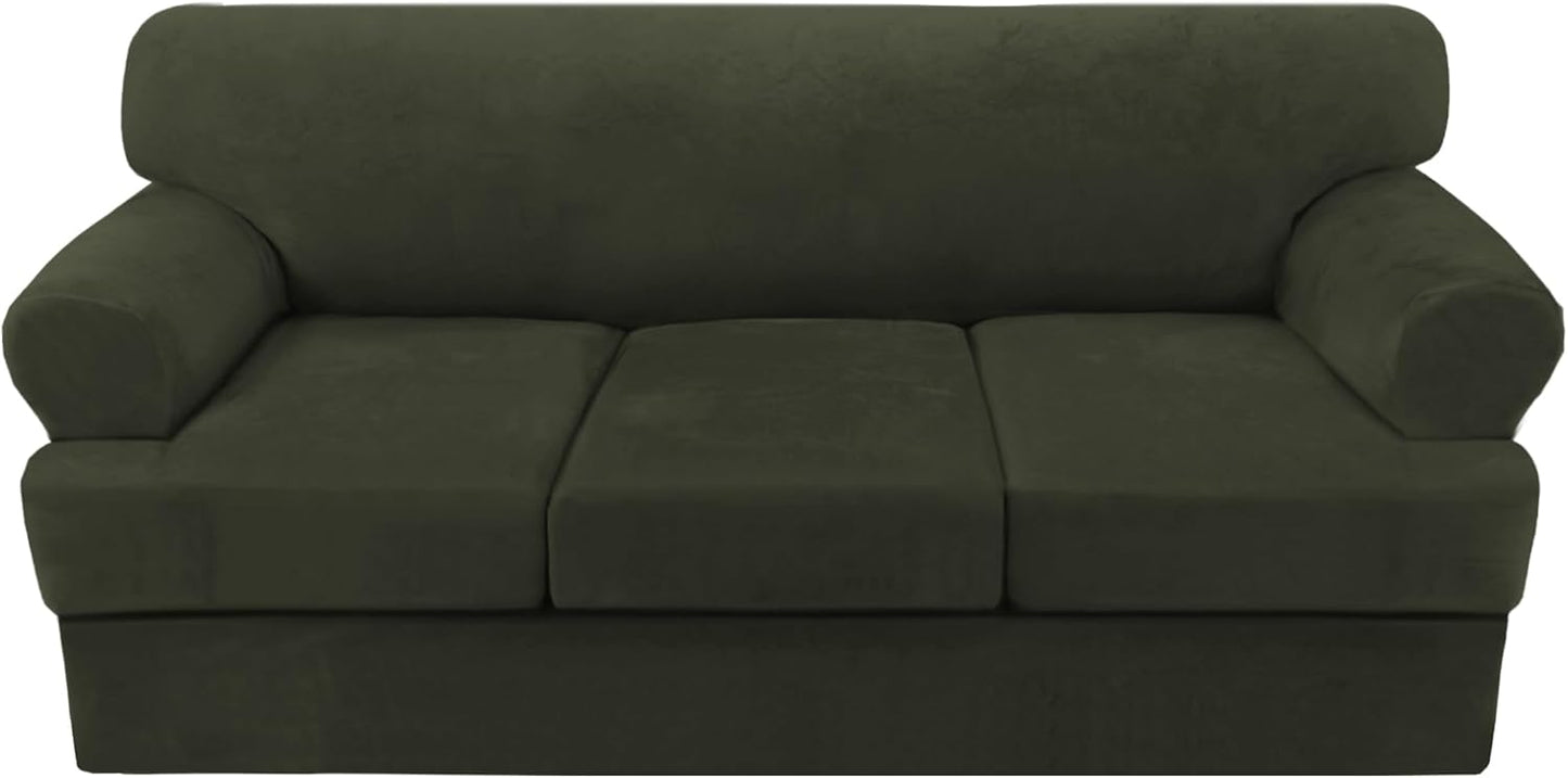 H.VERSAILTEX Sofa Cover 4 Piece T Cushion Sofa Slipcovers Thick Velvet Couch Cover Stretch T Cushion Sofa Covers for 3 Cushion Couch with 3 Individual T Cushion Covers, Olive