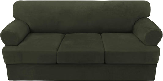 H.VERSAILTEX Sofa Cover 4 Piece T Cushion Sofa Slipcovers Thick Velvet Couch Cover Stretch T Cushion Sofa Covers for 3 Cushion Couch with 3 Individual T Cushion Covers, Olive