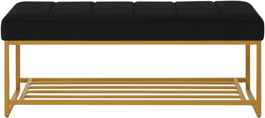 24KF Black Velvet Upholstered End of Bed Bench with Metal Shelf, Modern Tufted Channel Entryway Bench Footboard Bench for Living Room, Bedroom, Gold Bench,5036-Black