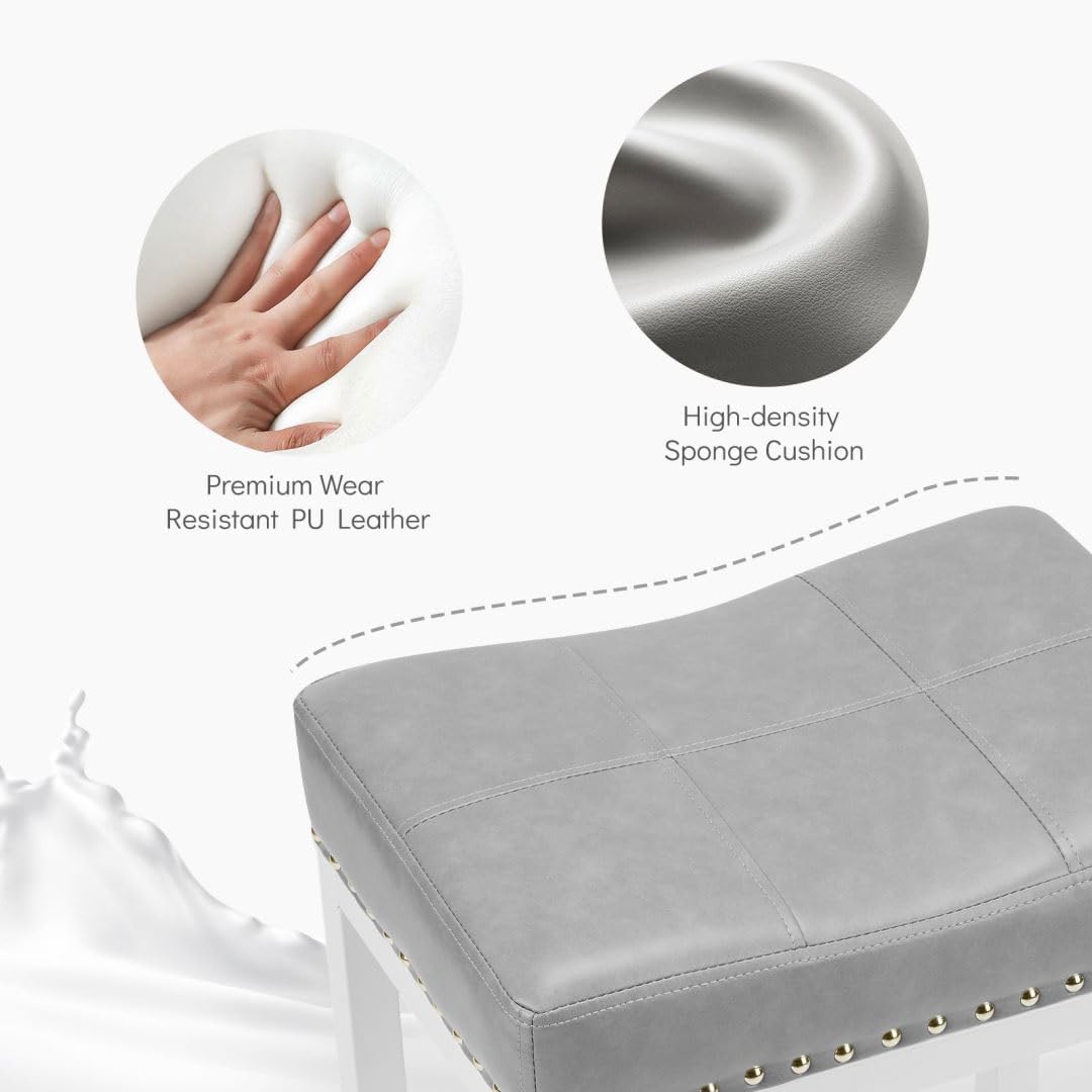 Counter Stools Set of 2 Upholstered Counter Height Bar Stools with Padded Seats and Metal Base, Leather Saddle Stool for Modern Kitchen Island, 22.4-Inch, Grey