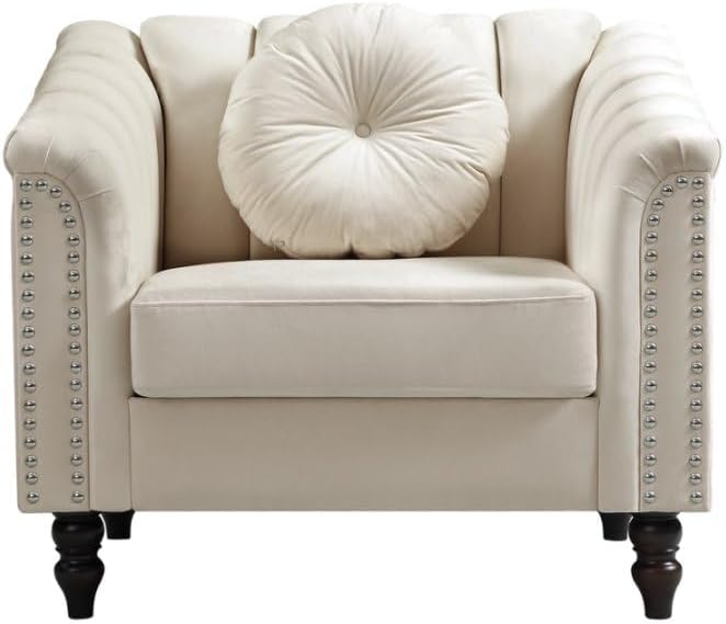 Accent Chair, Single Couch Chair with Style Button Tufted, Scroll Arms and Nailhead for Living Room, Office, Apartment, White