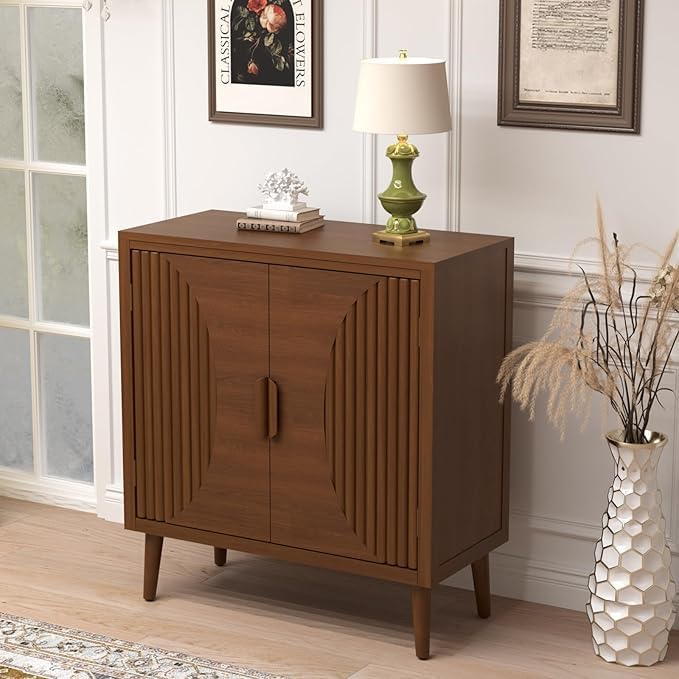 COSIEST 30" W Storage Cabinet with Doors and Shelves, Mid-Century Cabinet with Adjustable Shelf, Accent Sideboard for Kitchen, Dining Room, Living Room, or Hallway (Brown, Line Pattern)