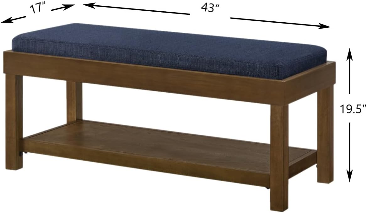 24KF Large Rectangular Storage Bench,Upholstered Seat Cushion,Ottoman Coffee Table with Navy Blue Removable Cushion for Living Room,Entryway Bench Bed Bench with Solid Wood Shelf,5069-Navy Blue