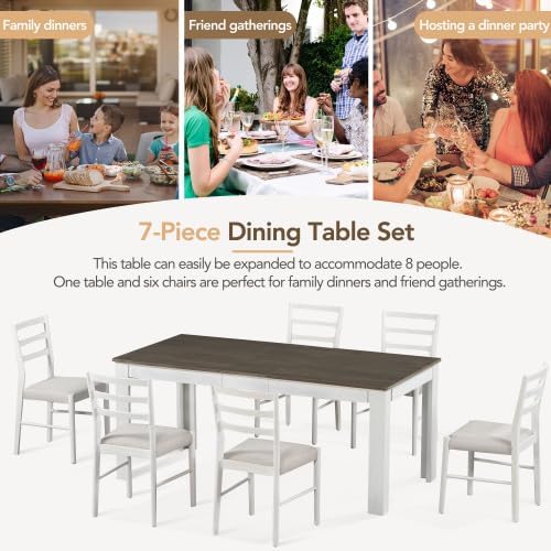 SogesHome 7-Piece Dining Table Set for 6-8 People, Extendable Solid Rubber Wood Kitchen Table with Leaf & 2 Storage Drawers, Chairs with Soft Cushion, Perfect for Kitchen, Dining Room (Brown + White)