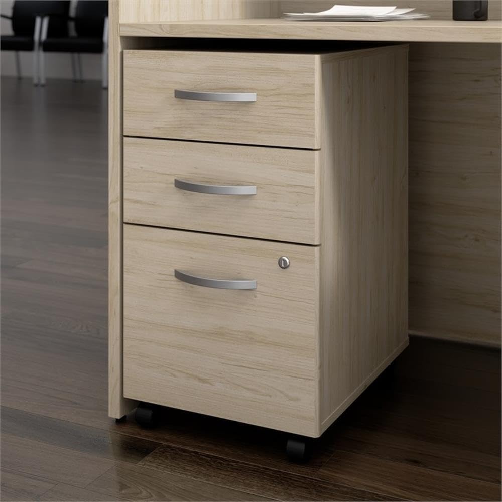 Bush Business Furniture Arrive 3 Drawer Mobile File Cabinet - Assembled in Natural Elm, Rolling Document Storage for Reception Area or Professional Office