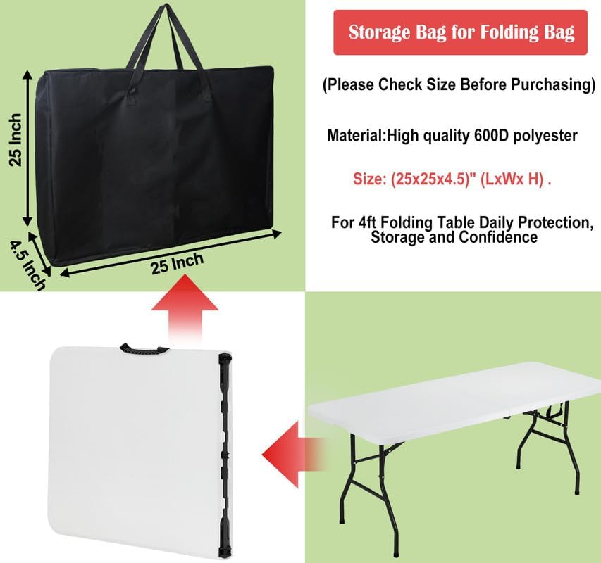 Folding Table Storage Bag, 25" D X 25" W X4.5 H Waterproof Heavy Duty Carrying Bag for 4ft Folding Tables, Picnic/Camp Tables Cover with Durable Zipper & Shoulder Strap, Black