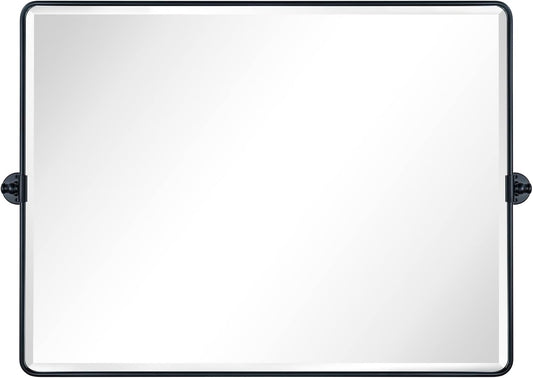TEHOME 40x30'' Pivoting Bathroom Vanity Mirror Large Matt Black Metal Framed Rectangle Tilting Beveled Vanity Mirrors for Wall, Horizontal Hanging
