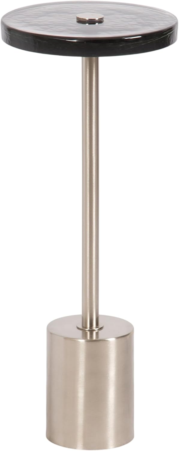 Kate and Laurel Xyler Modern Round Metal and Glass Drink Table, 10 x 10 x 24, Gray Glass and Silver, Decorative Plant Pedestal Table for Use as Indoor Plant Stand or Small Bathtub Table