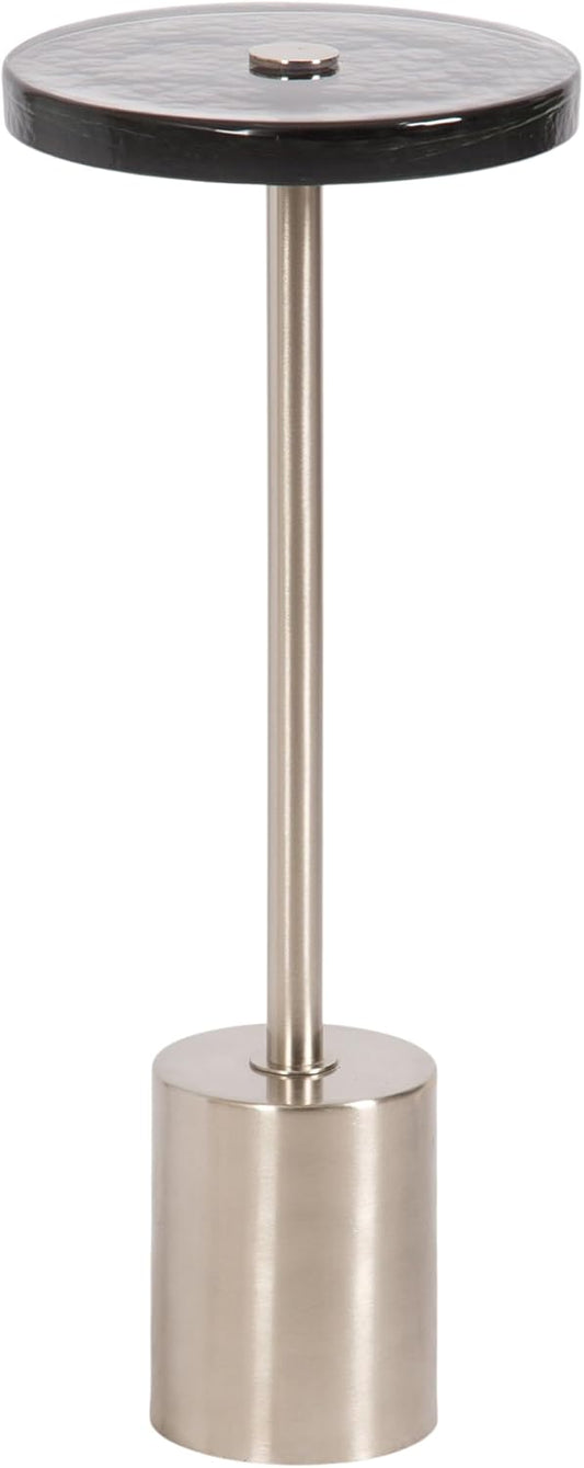Kate and Laurel Xyler Modern Round Metal and Glass Drink Table, 10 x 10 x 24, Gray Glass and Silver, Decorative Plant Pedestal Table for Use as Indoor Plant Stand or Small Bathtub Table