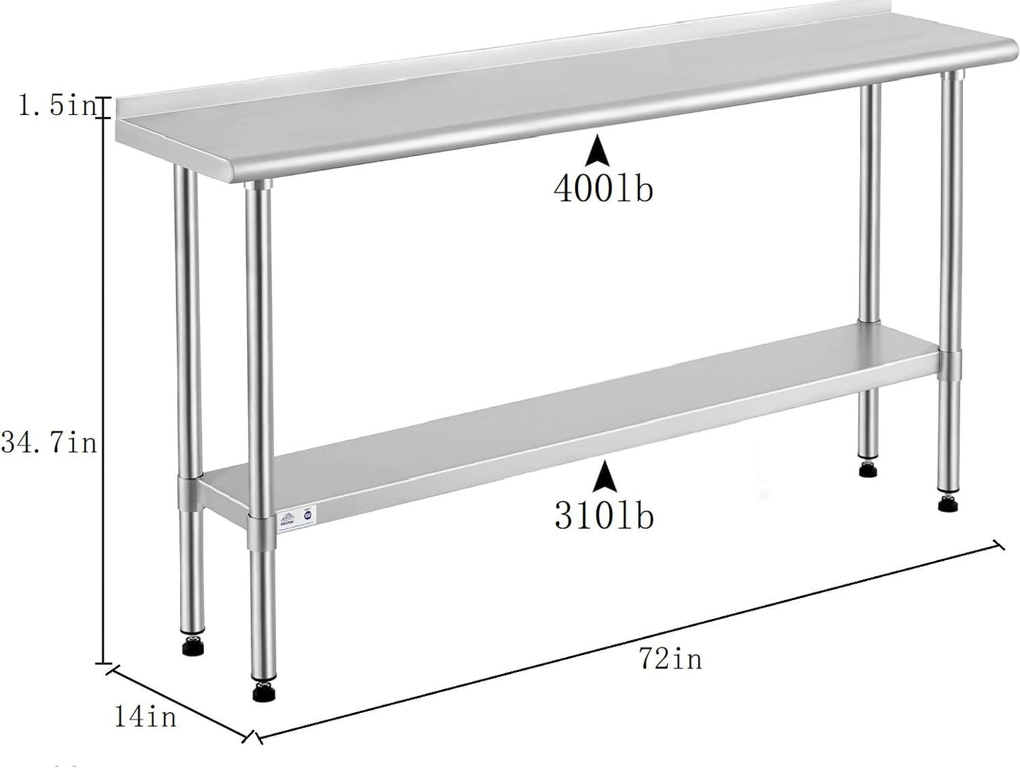 ROCKPOINT Stainless Steel Table for Prep & Work with Backsplash 14x72 Inches, NSF Metal Commercial Kitchen Heavy Duty Table with Adjustable Under Shelf and Table Foot for Restaurant, Home and Hotel