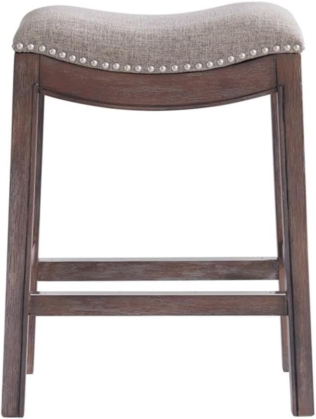 Williston Dark Brown Wood Counter Height Stool Set of 2, 18.25 in. W Seat with Linen-Like Fabric & Silver Satin Nail Heads, Kitchen Furniture Bar Stools w/Solid Rubberwood Frame & Metal Kick Plate