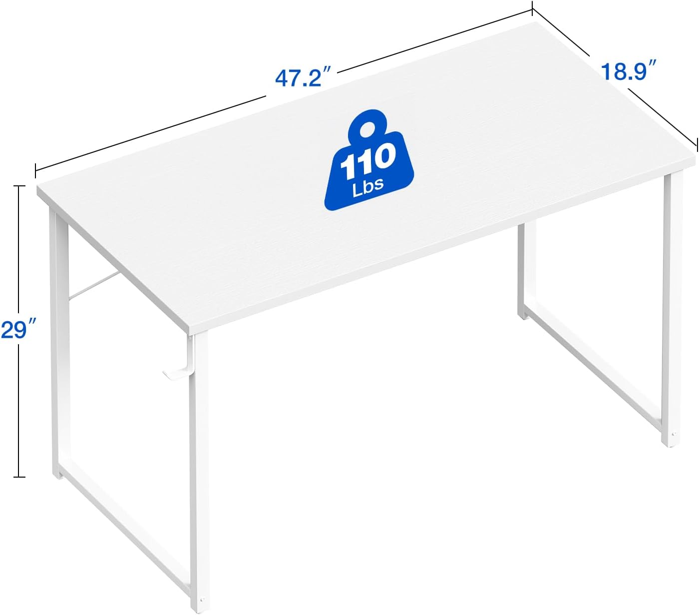 ODK 48 Inches Computer Desk for Small Spaces, Study Table for Home Office, Writing Desk with Headphone Hooks, White