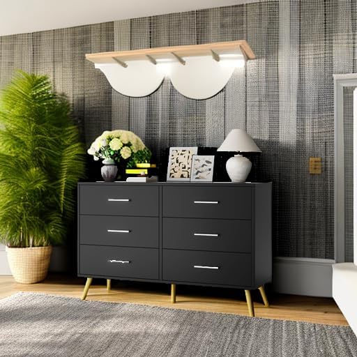 Shintenchi 6 Drawer Dresser, Wide Chest of Drawers Organizer Storage with Drawers, Large Storage Cabinet, Modern Design Dresser for Bedroom, Living Room, Porch, Black