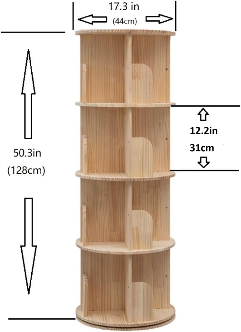 Heehee Rotating Wooden Bookshelf 360 Display 4 Tier Floor Standing Bookcase Storage Rack for Kids&Adults Solid Wood Bookshelf Organizer