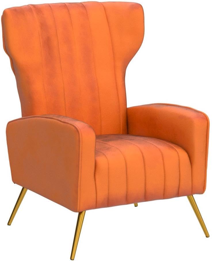 Container Furniture Direct Modern Velvet Accent Chair, Channel Tufted Bedroom, Office or Living Room Furniture with Elegant Metal Legs, 26" Wide Armchair, Orange Red