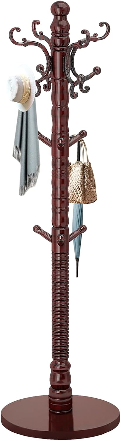 EZIVIEZ Wooden Coat Rack Stand, Solid Wood Freestanding Coat Rack, Vintage Coat Racks with 14 Hooks & Disc Base, Standing Coat Hanger Jacket Tree Stand for Office, Entryway, Hallway