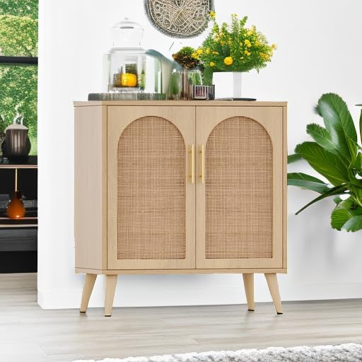 Rovaurx Rattan Storage Cabinet with Doors, Modern Accent Bathroom Floor Cabinet, Sideboard Buffet for Living Room, Entryway, Dining Room and Kitchen, Natural BMGZ108M