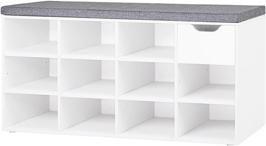 DINZI LVJ Shoe Bench, Entryway Storage Bench with Drawer and 11 Cubbies, Cubby Shoe Rack with Adjustable Shelves, Shoe Organizer Cabinet for Living Room, Bedroom, Mudroom, Closet and Garage, White