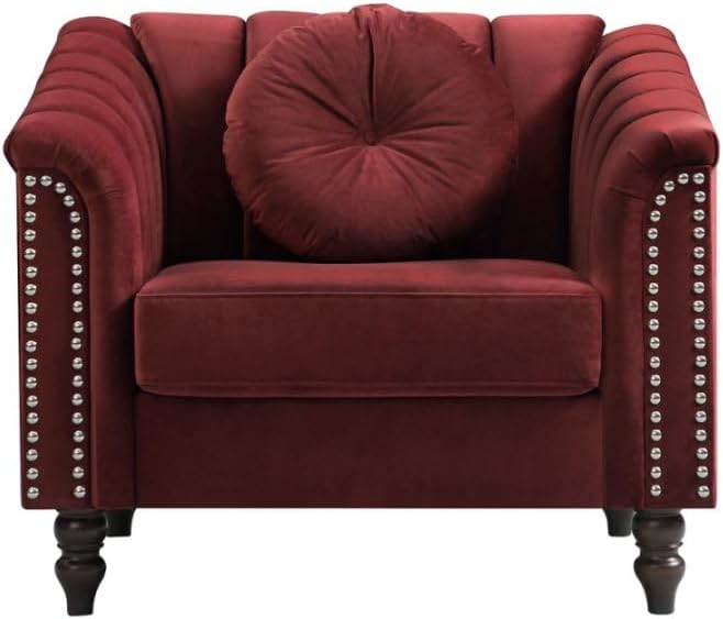 Accent Chair, Single Couch Chair with Style Button Tufted, Scroll Arms and Nailhead for Living Room, Office, Apartment-Red