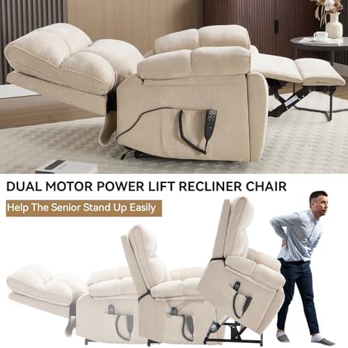 Dual Motor Power Lift Recliner Chair, 8 Positions Vibration Massage Recliner Chair, Chenille Fabric Recliner with Cup Holder, Vibration Massage and Lumbar Heating for Adults and Elderly, Beige