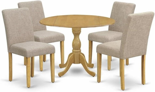 East West Furniture DMAB5-OAK-04 5 Piece Dining Set Includes a Round Dining Room Table with Dropleaf and 4 Light Tan Linen Fabric Upholstered Parson Chairs, 42x42 Inch, Oak