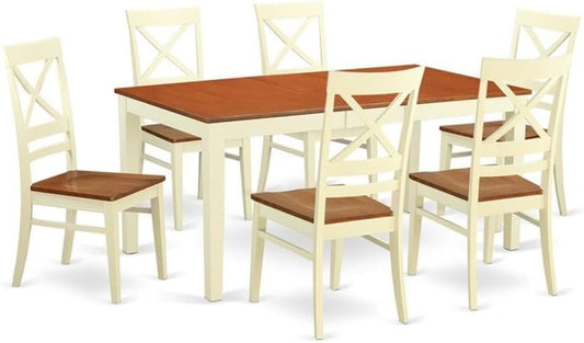 East West Furniture NIQU7-WHI-W 7 Piece Dining Table Set Consist of a Rectangle Dining Room Table with Butterfly Leaf and 6 Wooden Seat Chairs, 36x66 Inch, Buttermilk & Cherry