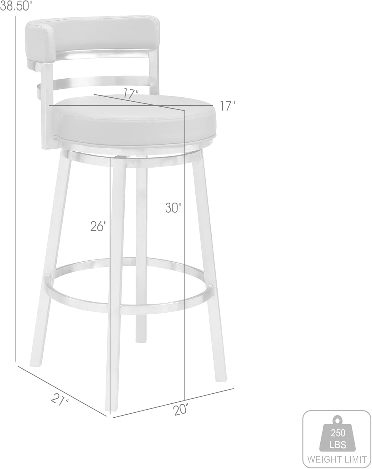 Armen Living Madrid 30" Bar Height Swivel Modern Grey Faux Leather and Brushed Stainless Steel Bar Stool for Kitchen Island Counter
