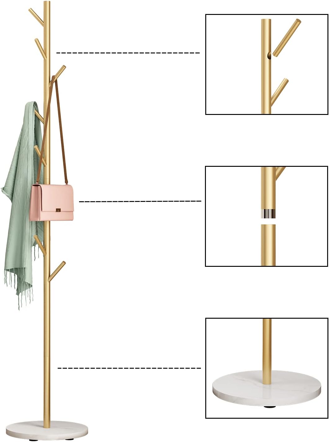 Gold Coat Racks, Metal Coat Rack Freestanding with Hooks, Entryway Coat Rack Stand, Coat Racks with Marble Base, Coat Tree for Hanging Clothes, Hats, Bags