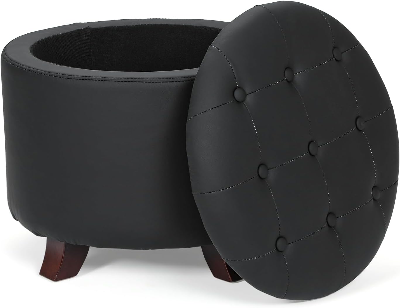 Athena Collection 20 Inch Small Ottoman with Storage, Round PU Leather Storage Ottoman with Removable Lid, Stylish Footstool Foot Rest for Living Room, Bedroom, Dorm, Black