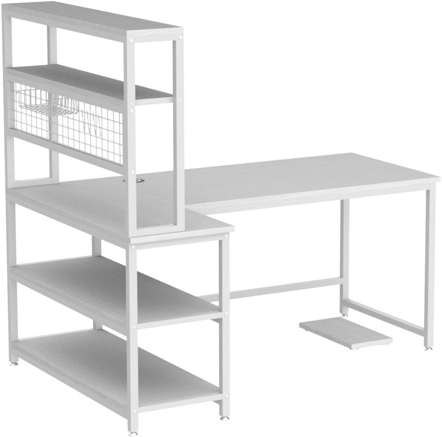 Tribesigns 55" Large Computer Desk with Wireless Charging 5 Storage Shelves, Office Desk Study Table Writing Desk Workstation with Hutch Bookshelf for Home Office (All White)