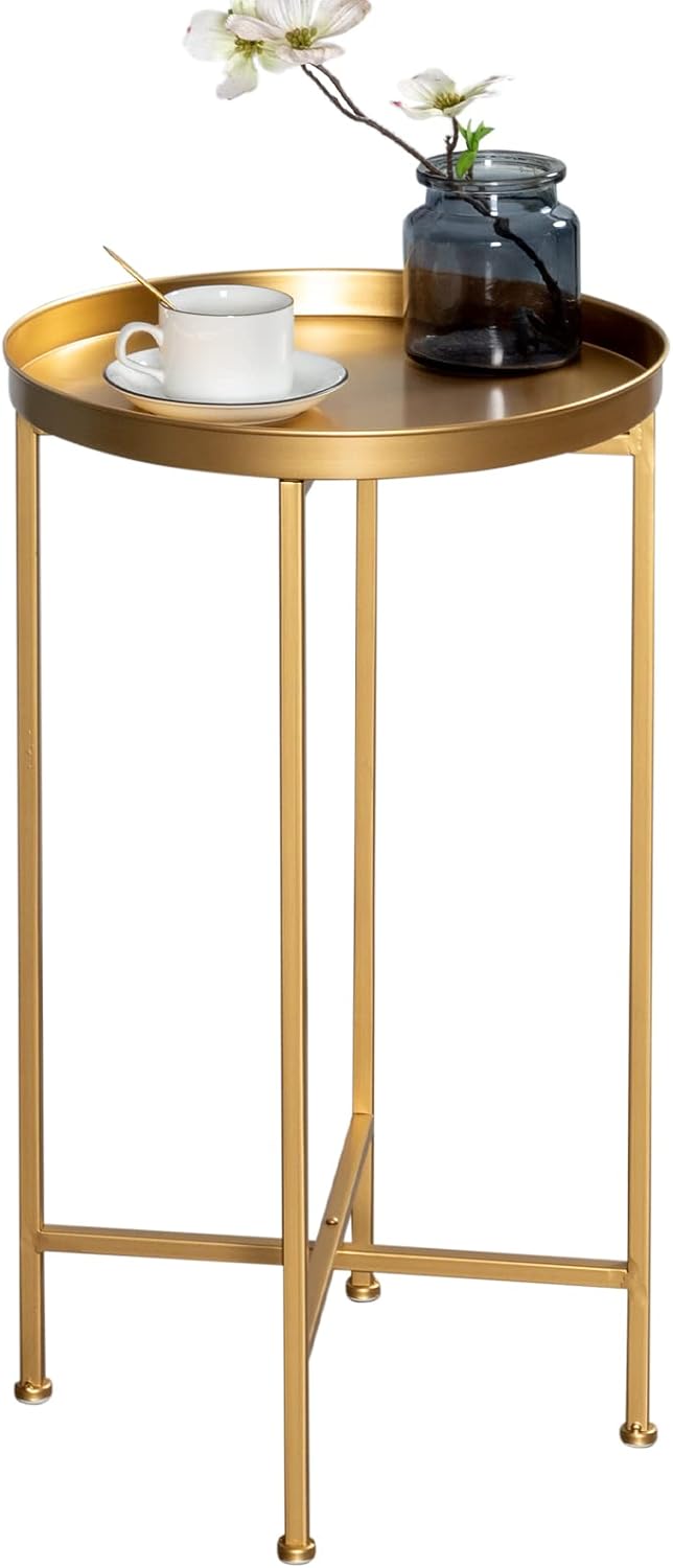 HollyHOME Small Round Metal Waterproof End Table, Accent Indoor&Outdoor Side Table, Sofa Table for Living Room, Anti-Rust Decorative Plant Stand, (D) 14.5" x (H) 25", Golden