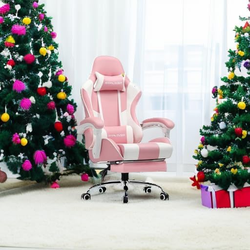 GTPLAYER Gaming Chair, Computer Chair with Footrest and Lumbar Support, Height Adjustable Game Chair with 360°-Swivel Seat and Headrest and for Office or Gaming (Faux Leather, Pink)