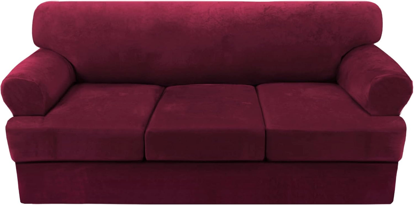 H.VERSAILTEX Sofa Cover 4 Piece T Cushion Sofa Slipcovers Thick Velvet Couch Cover Furniture Protector Stretch T Cushion Sofa Covers for 3 Cushion Couch with 3 Individual T Cushion Covers, Burgundy