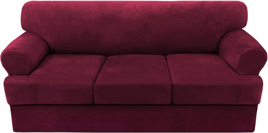 H.VERSAILTEX Sofa Cover 4 Piece T Cushion Sofa Slipcovers Thick Velvet Couch Cover Furniture Protector Stretch T Cushion Sofa Covers for 3 Cushion Couch with 3 Individual T Cushion Covers, Burgundy