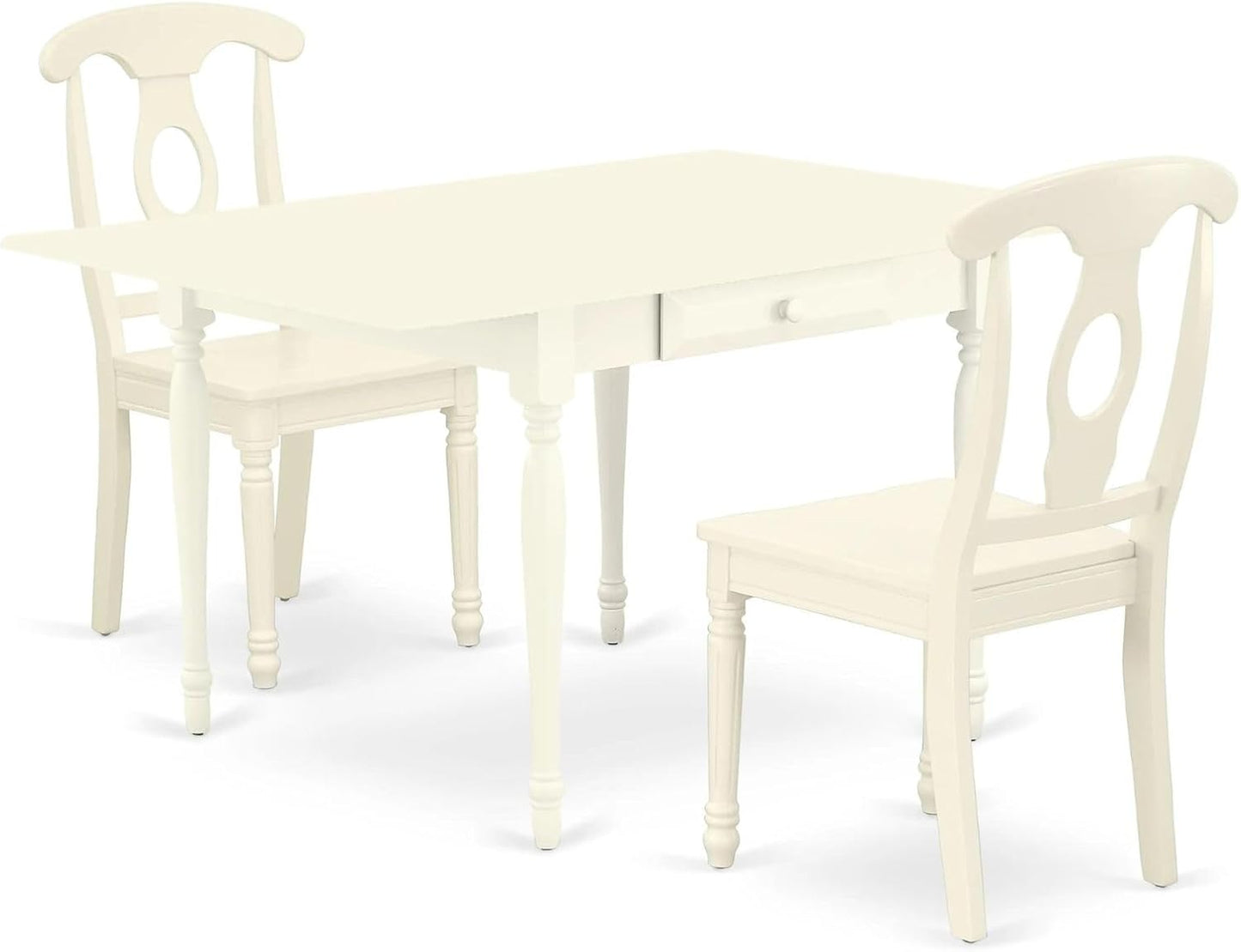 East West Furniture MZKE3-LWH-W 3 Piece Kitchen Table & Chairs Set Contains a Rectangle Dining Table with Dropleaf and 2 Dining Room Chairs, 36x54 Inch, Linen White