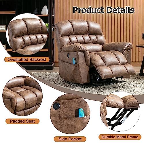 Phoenix Home Large Power Lift Recliner with Massage and Heat for Elderly, Heavy Duty & Safety Motor Reclining Chair, Faux Leather Electric Wider Recliner with USB Ports, 2 Side Pockets, Brown