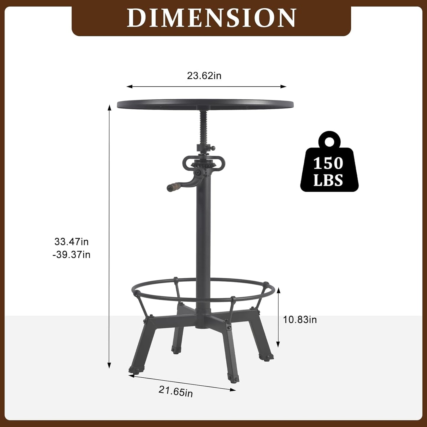 LOKKHAN Industrial Bar Table-33.5-39.4 Inch Tall-Adjustable Bar Height Pub Table-23.7 Inch Swivel Round Metal Top-Easily Adjusts by Crank Handle, Black