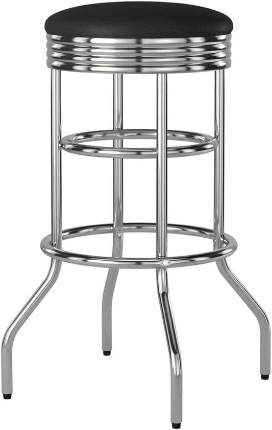TRINITY Heavy Duty 30-Inch Backless Swivel Bar Stool for Kitchen, Garage, or Workshop, Chrome Finish with Faux Leather Seat, 1 Pack Pre-Assembled, Black