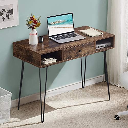 VECELO 39.3" Home Office Work Table with Drawers,Computer Desk with Hairpin Legs for Writing/Study,Rustic Brown