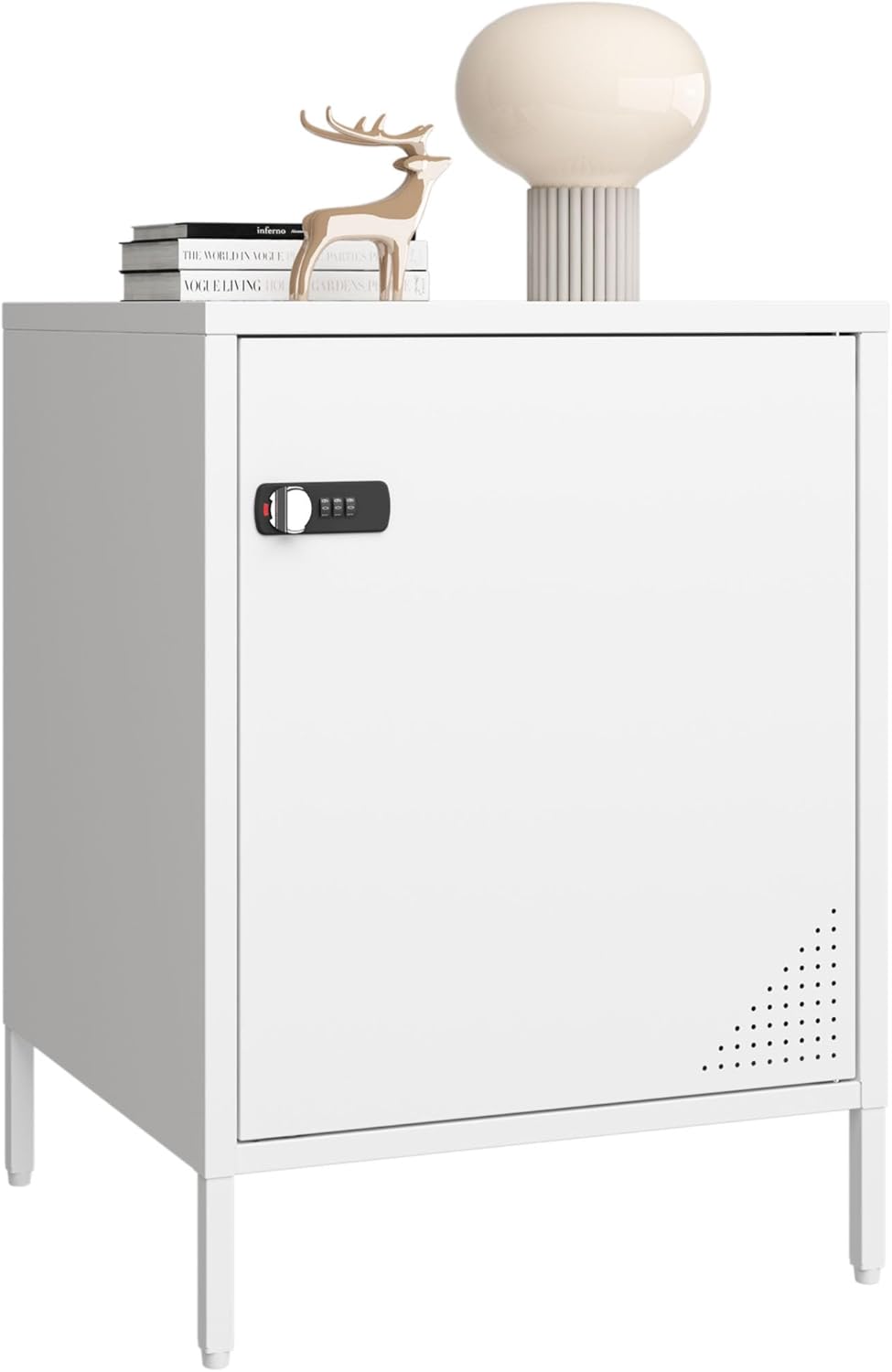 Metal Locker End Table Single Door Nightstand Lockable Bedside Table Storage Cabinet for Bedroom, Dorm, 21.26”H X 15.75”W X 15.75”D (1 Door, White)