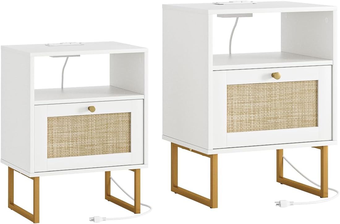 Masupu Extra Large Rattan Nightstand,Boho Night Stand Modern Farmhouse Wood Bedside Table with Storage Drawer and Open Shelf,Side End Table for Bedroom,Living Room,Office White