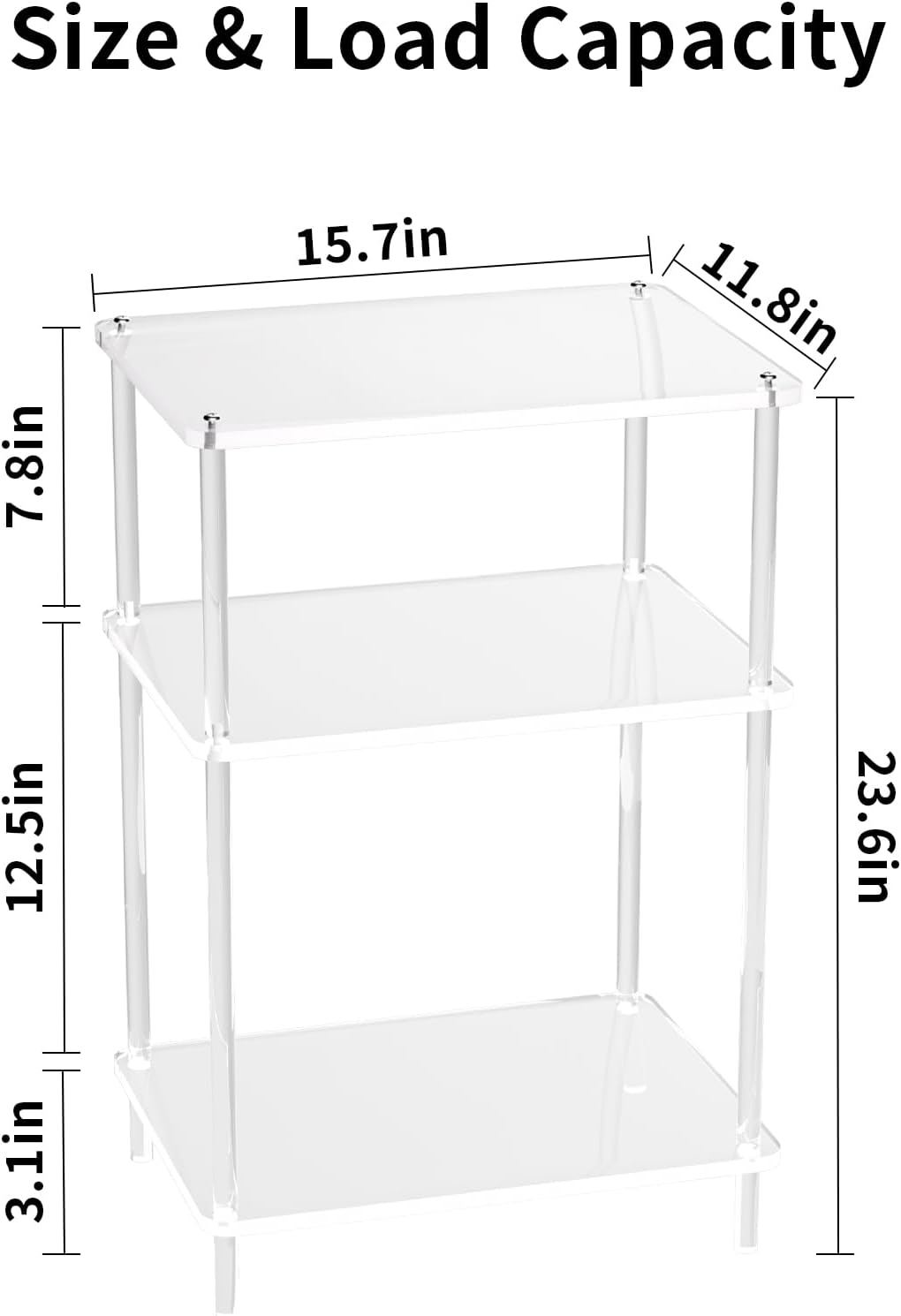 Acrylic Side Tables with 3 Shelve,Bedside Table Clear Nightstand for Bedroom Modern End Table for Living Room, Sofa Table, Side Table 15.7" L x11.8 Wx 23.6" H