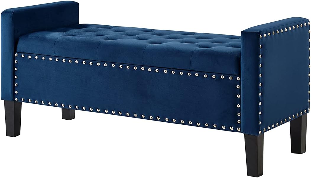 24KF Velvet Modern Upholstered Tufted Button Storage Bench with Arms for Bedroom,Entryway Living Room Soft Padded Seat-Navy