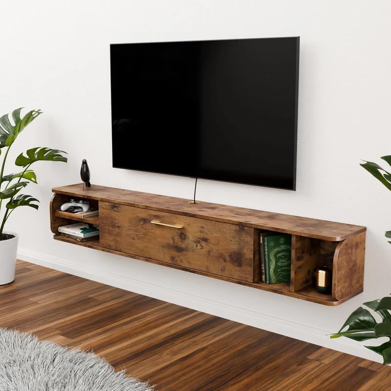 Floating TV Unit, 47'' Wall Mounted TV Cabinet, Floating Shelves with 4 Cabinets, Wooden Entertainment Media Console Center Large Storage TV Bench for Living Room & Office (Rustic Brown)