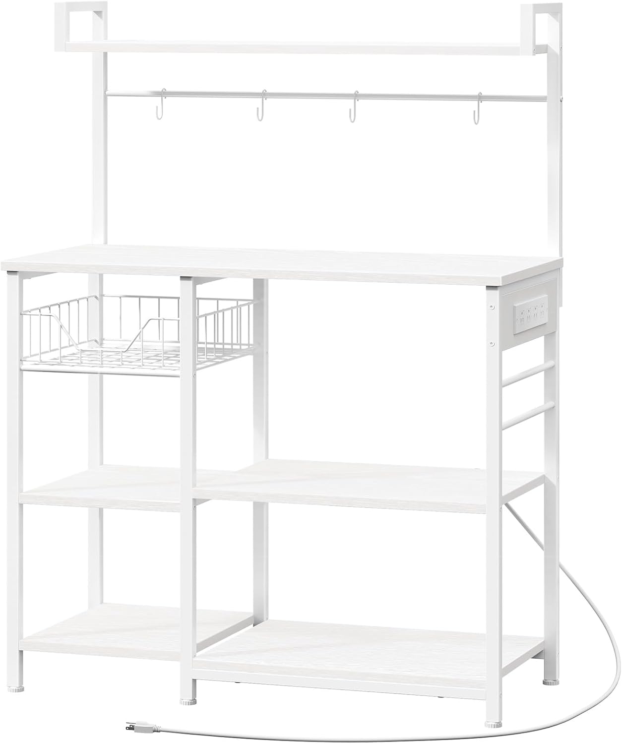 HOOBRO Bakers Rack with Power Outlet, 35.4 Inches Coffee Bar with Mesh Basket, Microwave Stand with 4 S-Shaped Hooks, Kitchen Bakers Rack with Storage, Easy to Assemble, White WT05HB01