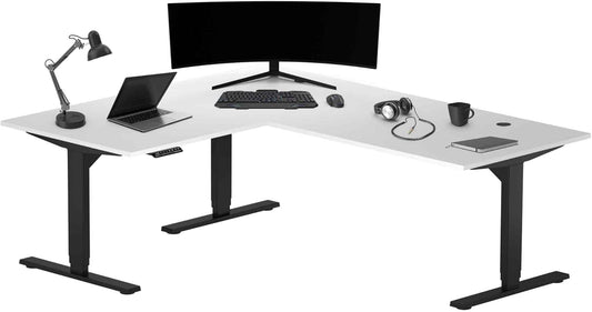 Progressive Desk Stand Up Height Adjustable Electric Standing Desk - L Shaped 60" x 72" Corner Computer Rising Workstation Table - Black Frame, Warm White Top